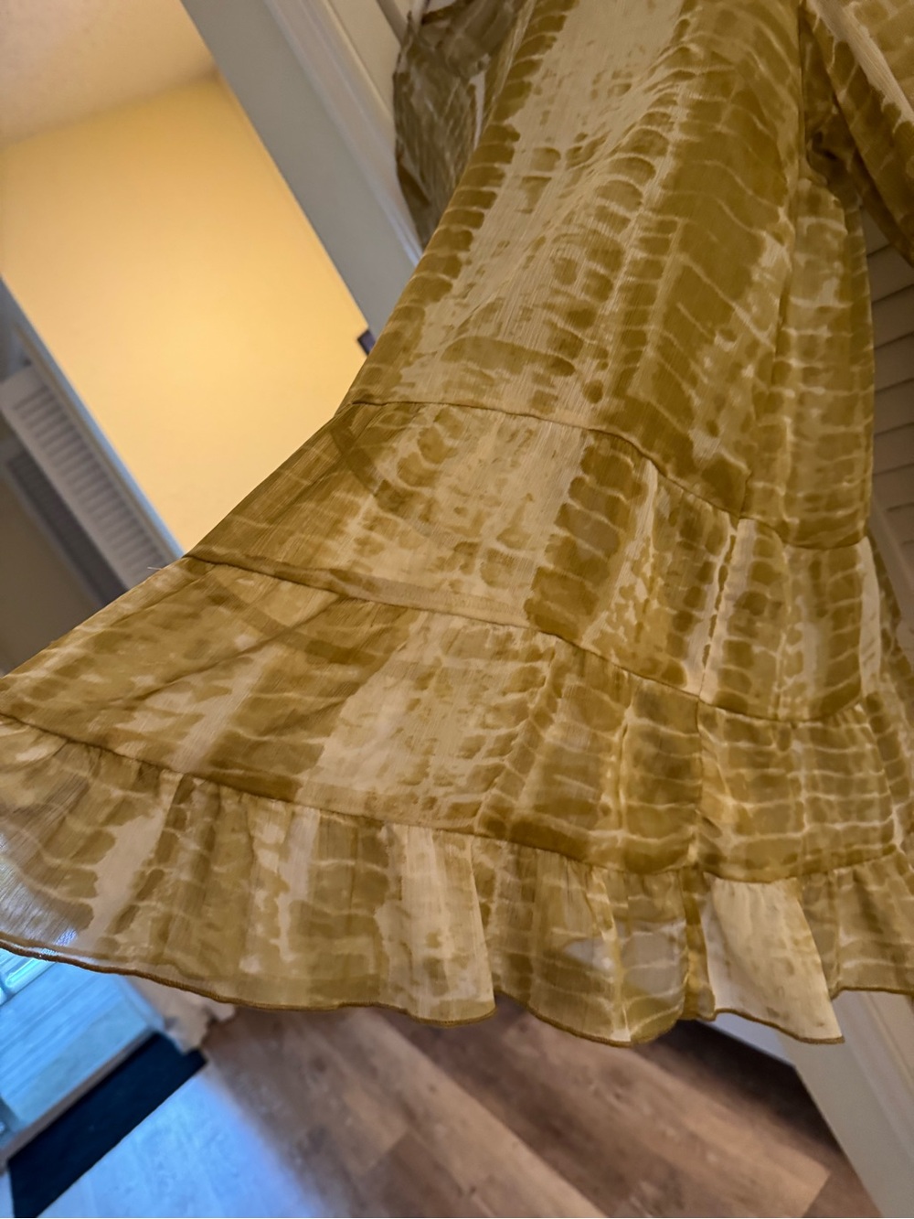 LOGO by Lori Goldstein Olive and Cream Tie-Dye Ruffled Blouse